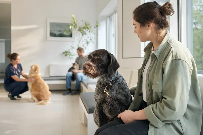 Ein Französischer Rauhaariger Vorstehhund sitzt ruhig neben seinem Besitzer im hellen Wartezimmer einer modernen Tierarztpraxis.